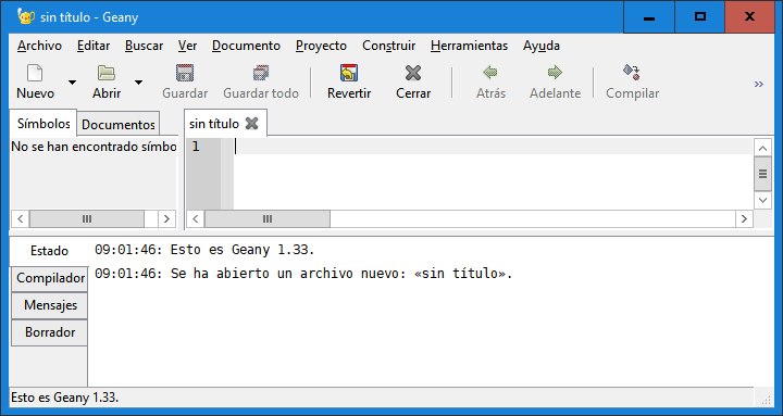 Captura de pantalla de Geany en Windows: pantalla por defecto.\label{fig:screenCapGeany01}