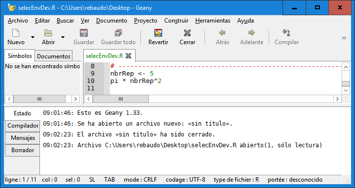 Captura de pantalla de Geany en Windows: abrir un script.\label{fig:screenCapGeany02}