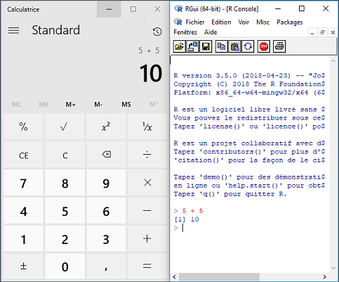 Captura de pantalla de la consola R al lado de la calculadora de Windows.\label{fig:screenCapConsoleCal}